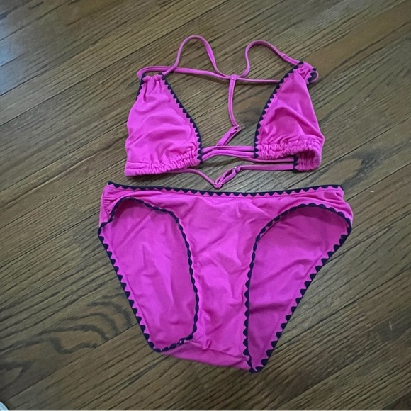 Lucky Brand Other - Lucky Brand Womens Pink & Navy Bikini Set With Ties & Zigzag Trim Sz Small